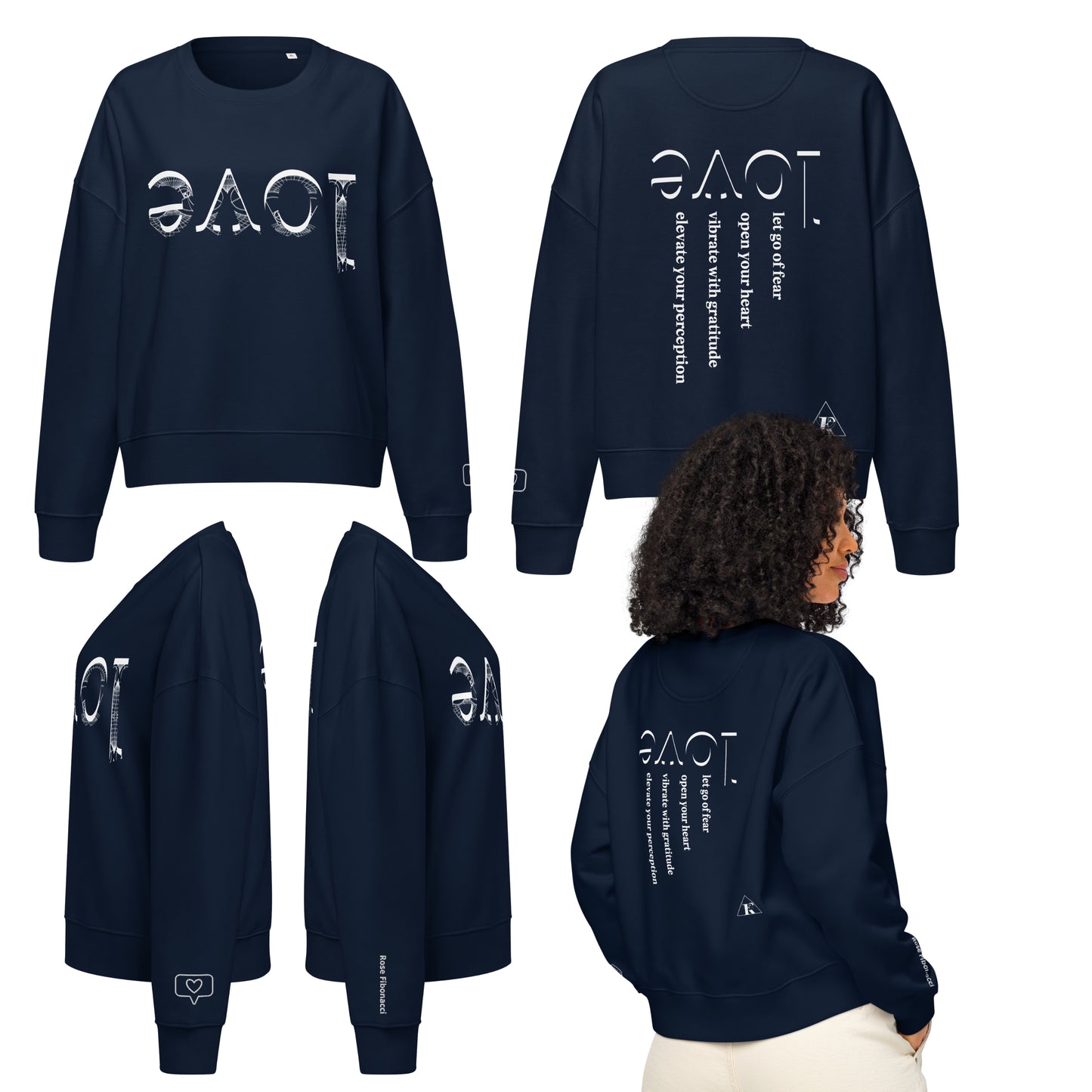 Navy crewneck sweatshirt with mirrored love design on front and back and a embroidered speech bubble on right sleeve and rose fibonacci on the left.