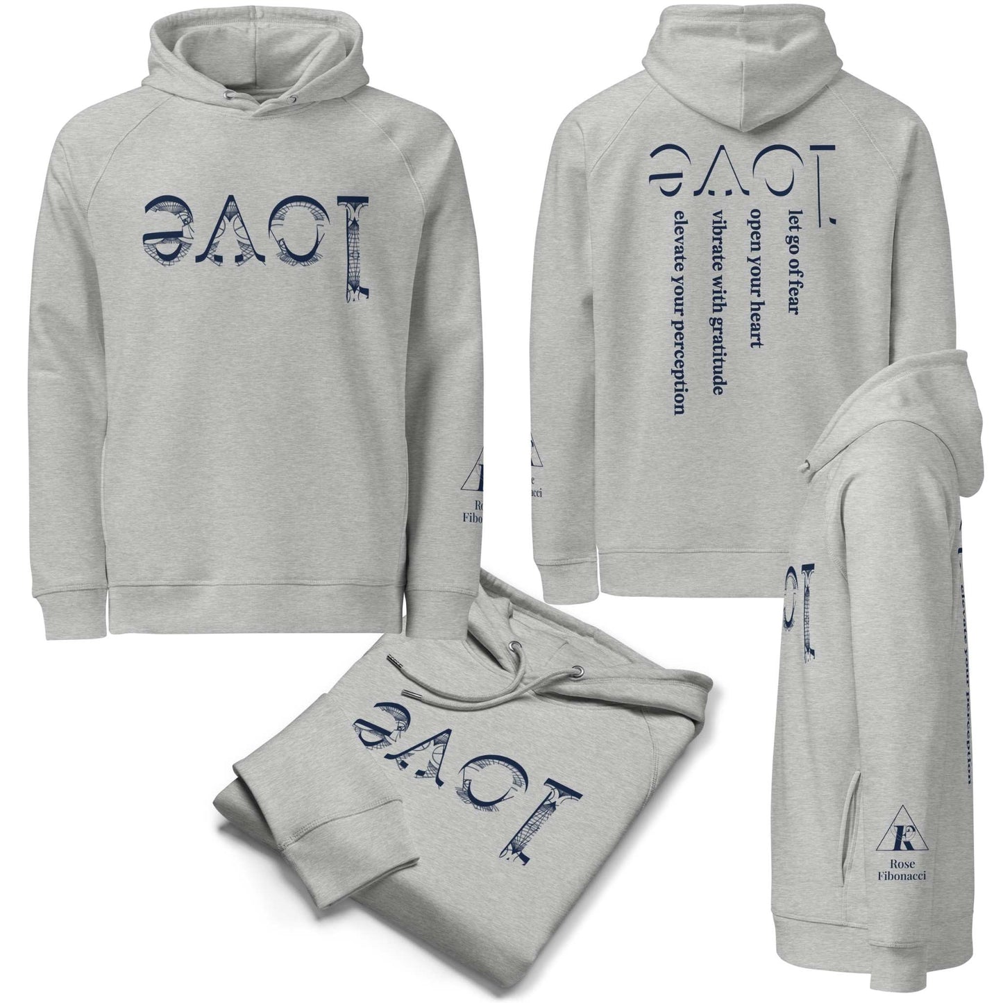 Gray hoodie with love text design on a white background