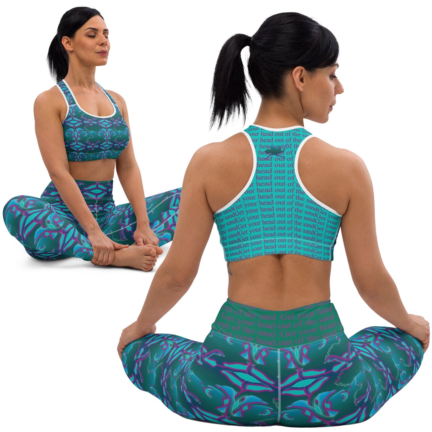 Model wearing turquoise and green ostrich-patterned print leggings and matching sports bra, seated in a yoga pose – stylish and mindful activewear design