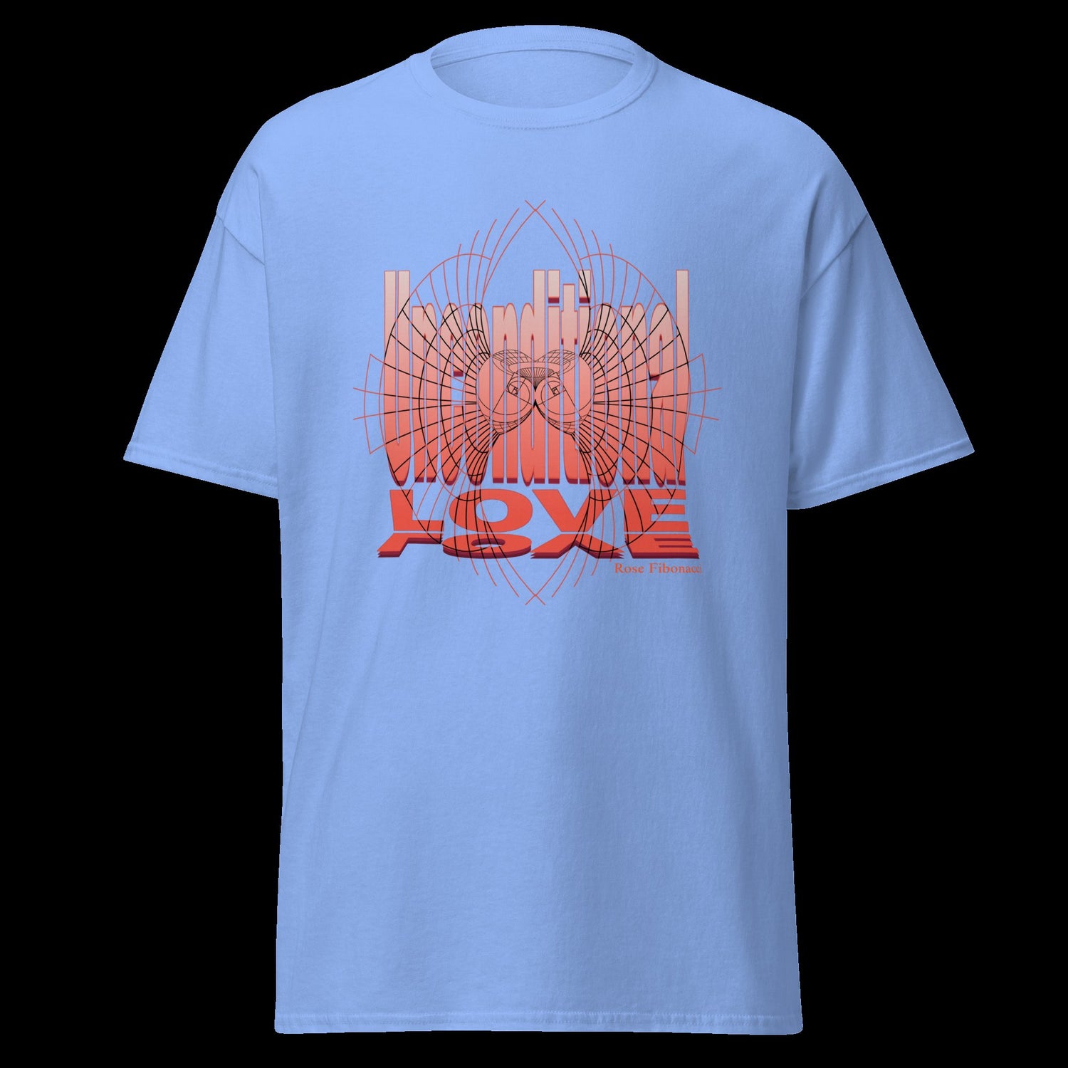 Universal Love T-shirt with orange geometric design on caroline blue shirt.