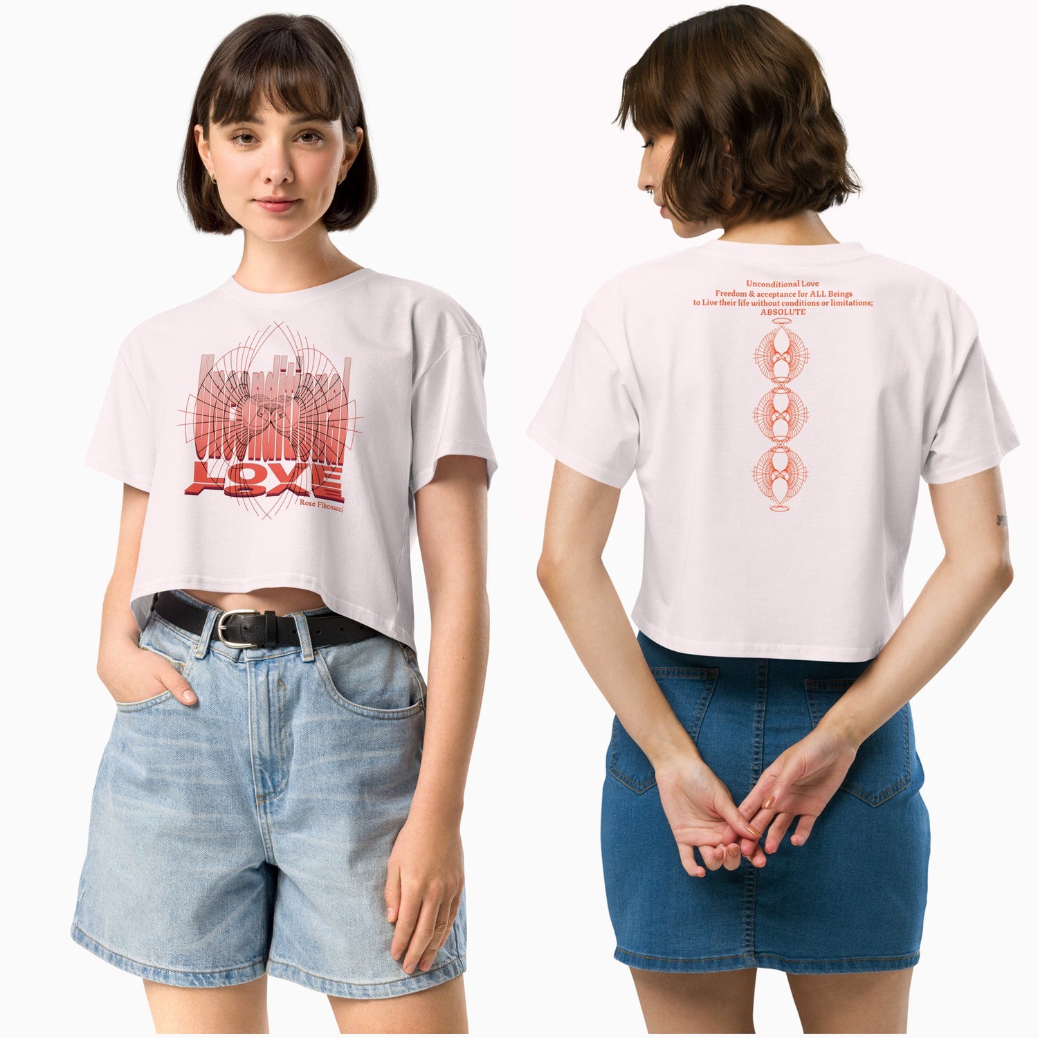 Unconditional Love Women's Crop tee – Front and Back View – Orange Spiritual Design on Orchid– Mindful Fashion for Women