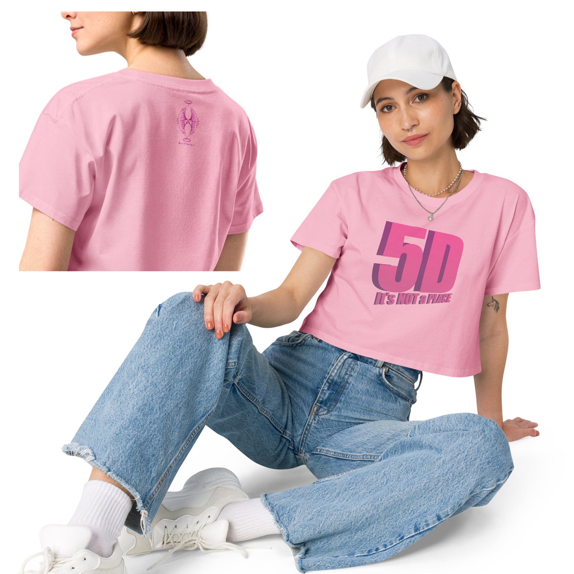 5D, It’s Not a Place Women’s Crop Tee, Bubblegum Pink with Pink Text – Front, Back, and Side View, Spiritual Apparel, Conscious Clothing