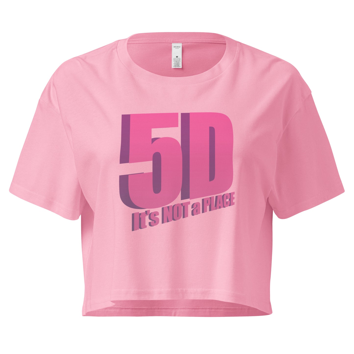 5D, It’s Not a Place Women’s Crop Tee, Bubblegum Pink with Pink Text – Front View, Spiritual Apparel, Conscious Clothing