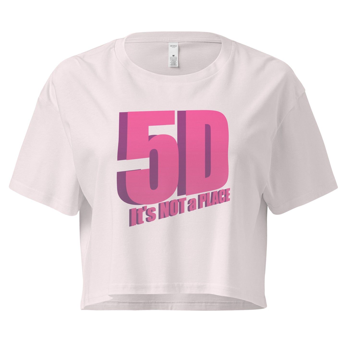 5D, It’s Not a Place Women’s Crop Tee, Orchid with Pink Text – Front View, Spiritual Apparel, Conscious Clothing