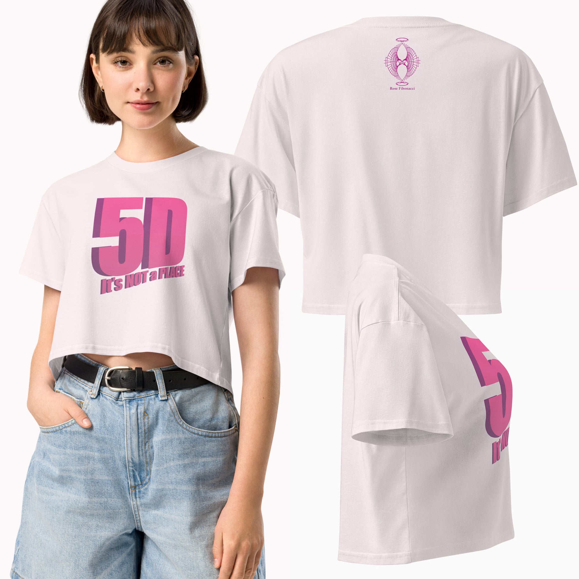 5D, It’s Not a Place Women’s Crop Tee, Orchid with Pink Text – Model Front, Back,  Side View, Spiritual Apparel, Conscious Clothing