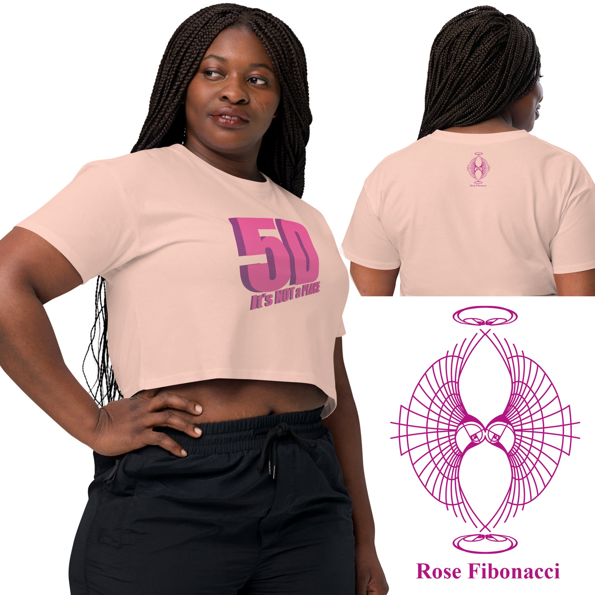 5D, It’s Not a Place Women’s Crop Tee, Pale Pink with Pink Text – Front, Back, and close up Logo, Spiritual Apparel, Conscious Clothing