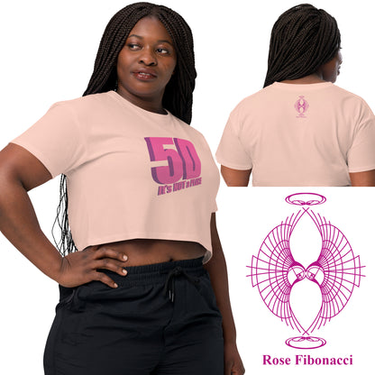 5D, It’s Not a Place Women’s Crop Tee, Pale Pink with Pink Text – Front, Back, and close up Logo, Spiritual Apparel, Conscious Clothing