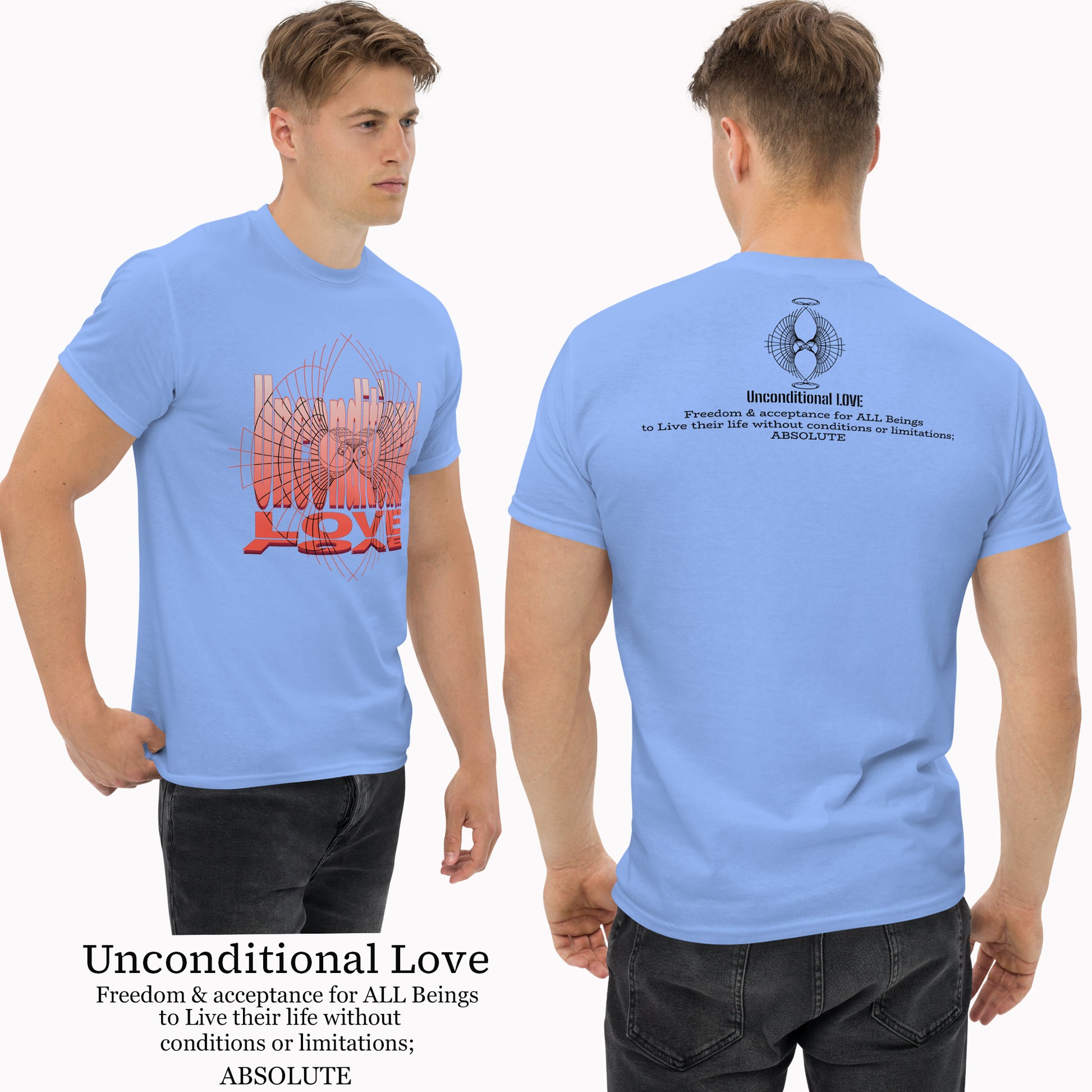Male model showing front and back view of Unconditional Love graphic t-shirt featuring an orange design on a Carolina blue shirt