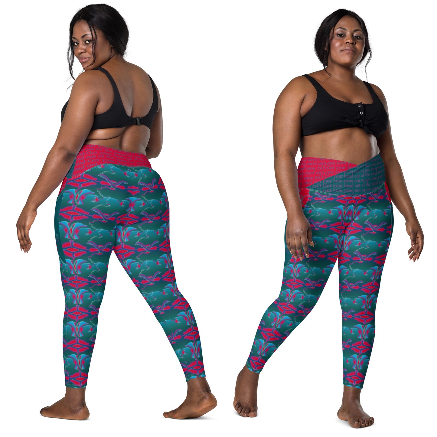 Pocket leggings with green, red ostrich inspired design front and back view on plus size model 