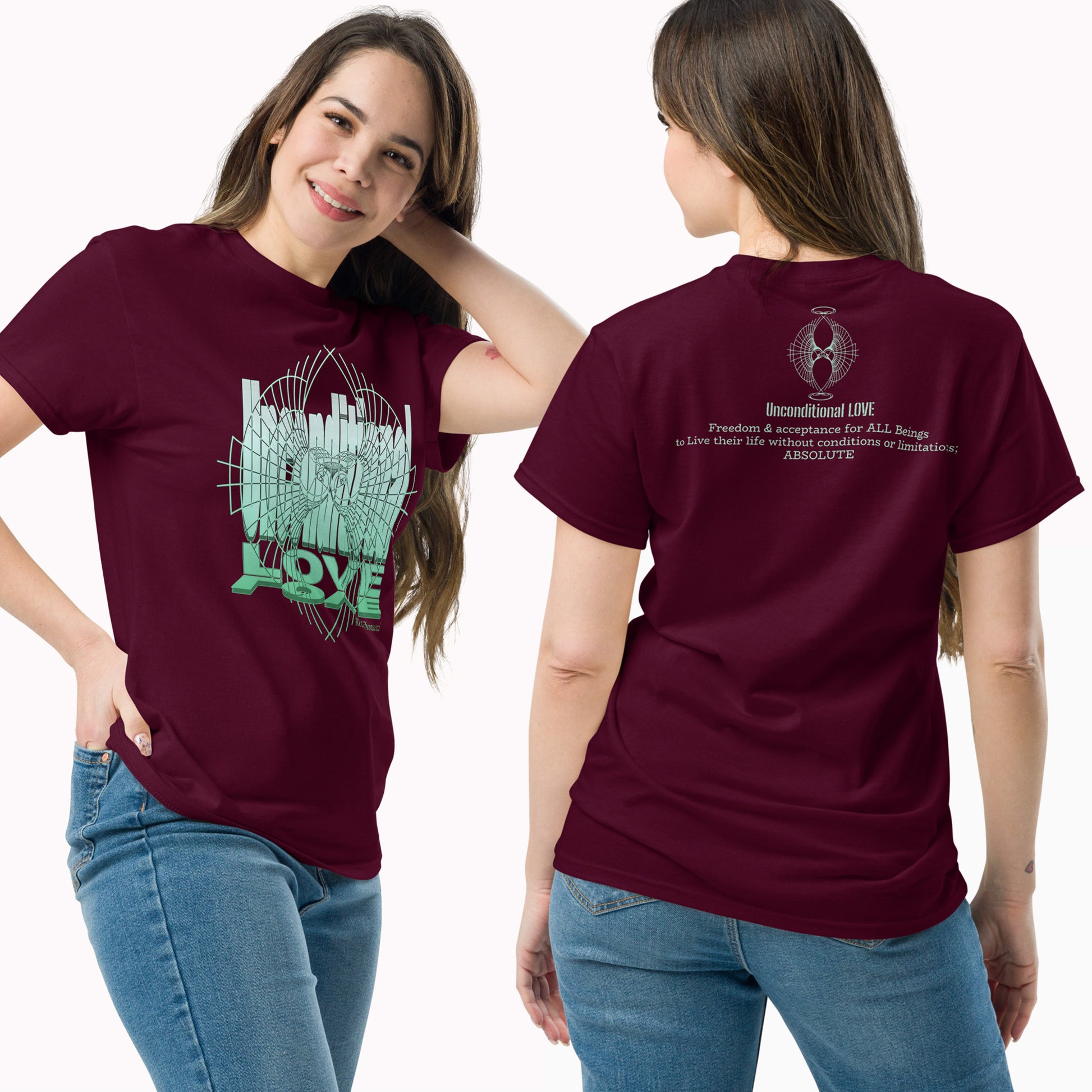 Female model wearing Green Unconditional Love t-shirt , showcasing the front design with minimalist art and the back with the phrase 'Unconditional Love: Freedom & Acceptance for All Beings on Maroon Unisex t-shirt