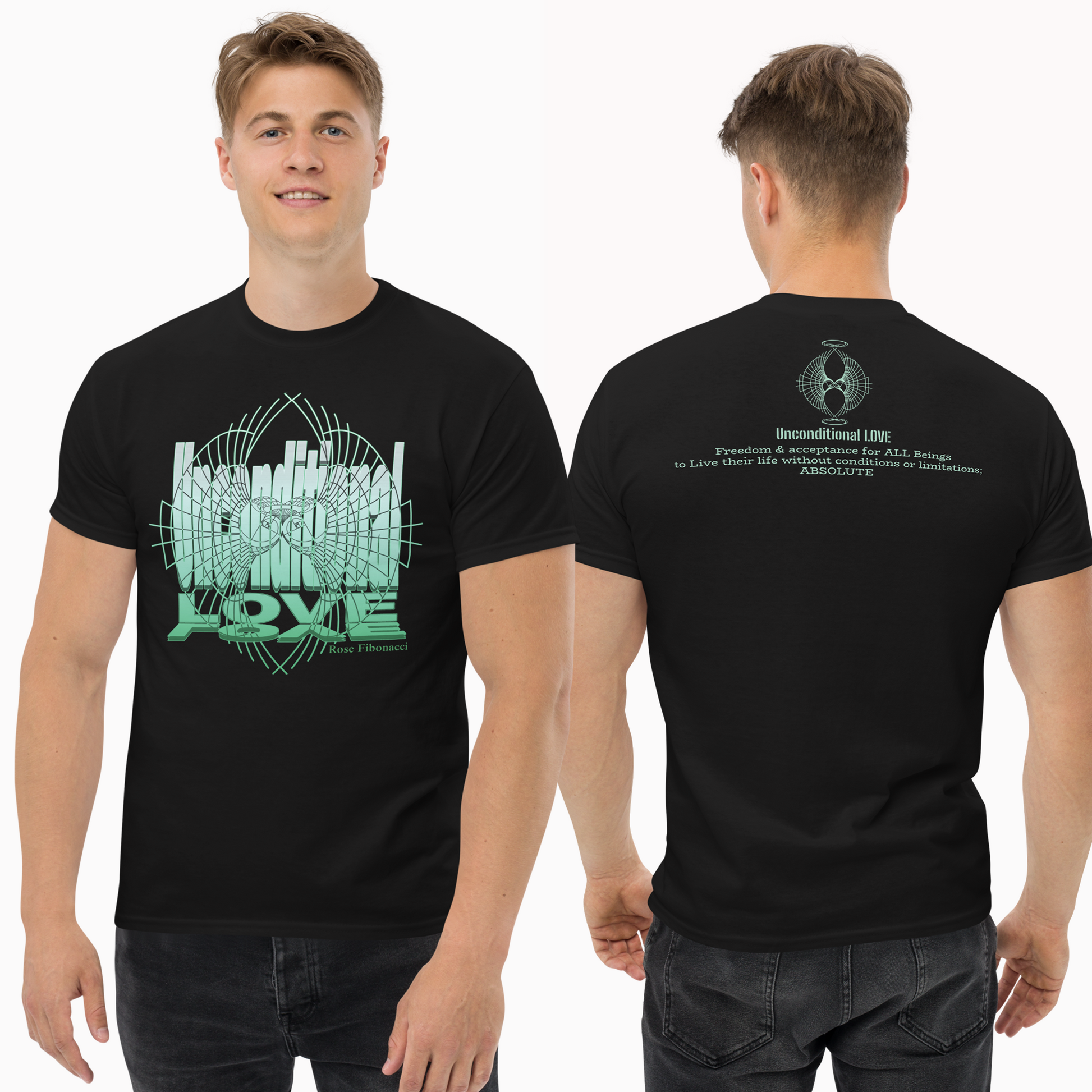 Model wearing Unconditional Love t-shirt Green, showcasing the front design with minimalist art and the back with the phrase 'Unconditional Love: Freedom & Acceptance for All Beings on black Unisex t-shirt