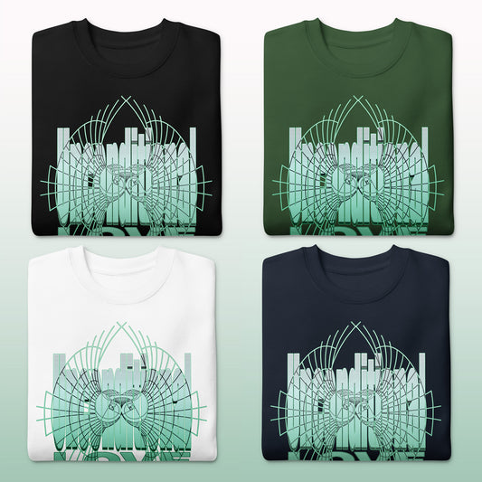 Folded Unconditional Love sweatshirt with green design, featuring four sweatshirt color options and close-up of the 'Freedom & Acceptance' message on the back. Inspirational and comfortable spiritual clothing for mindfulness