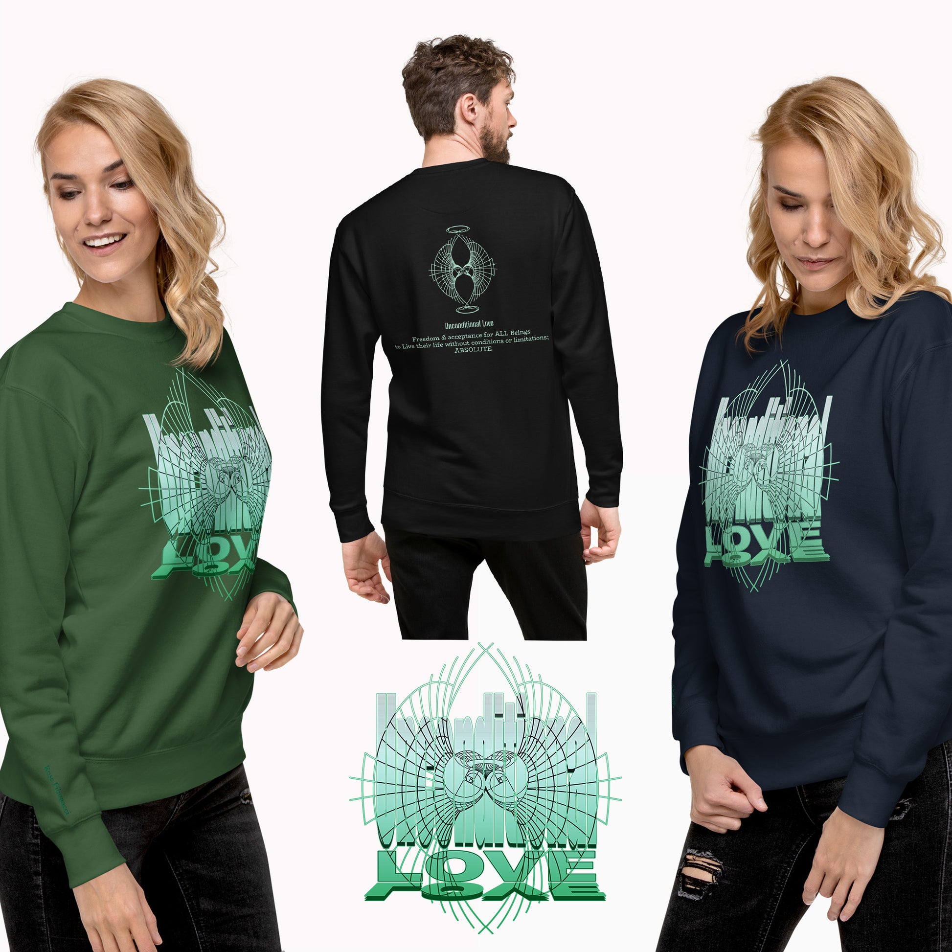 Forest Green, black and navy Unconditional Love sweatshirt, soft mindful fashion with green design, ideal for comfort and positive energy