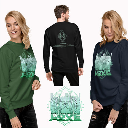 Forest Green, black and navy Unconditional Love sweatshirt, soft mindful fashion with green design, ideal for comfort and positive energy