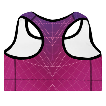 Purple / pink sports bra with dots and line geometric pattern Back view