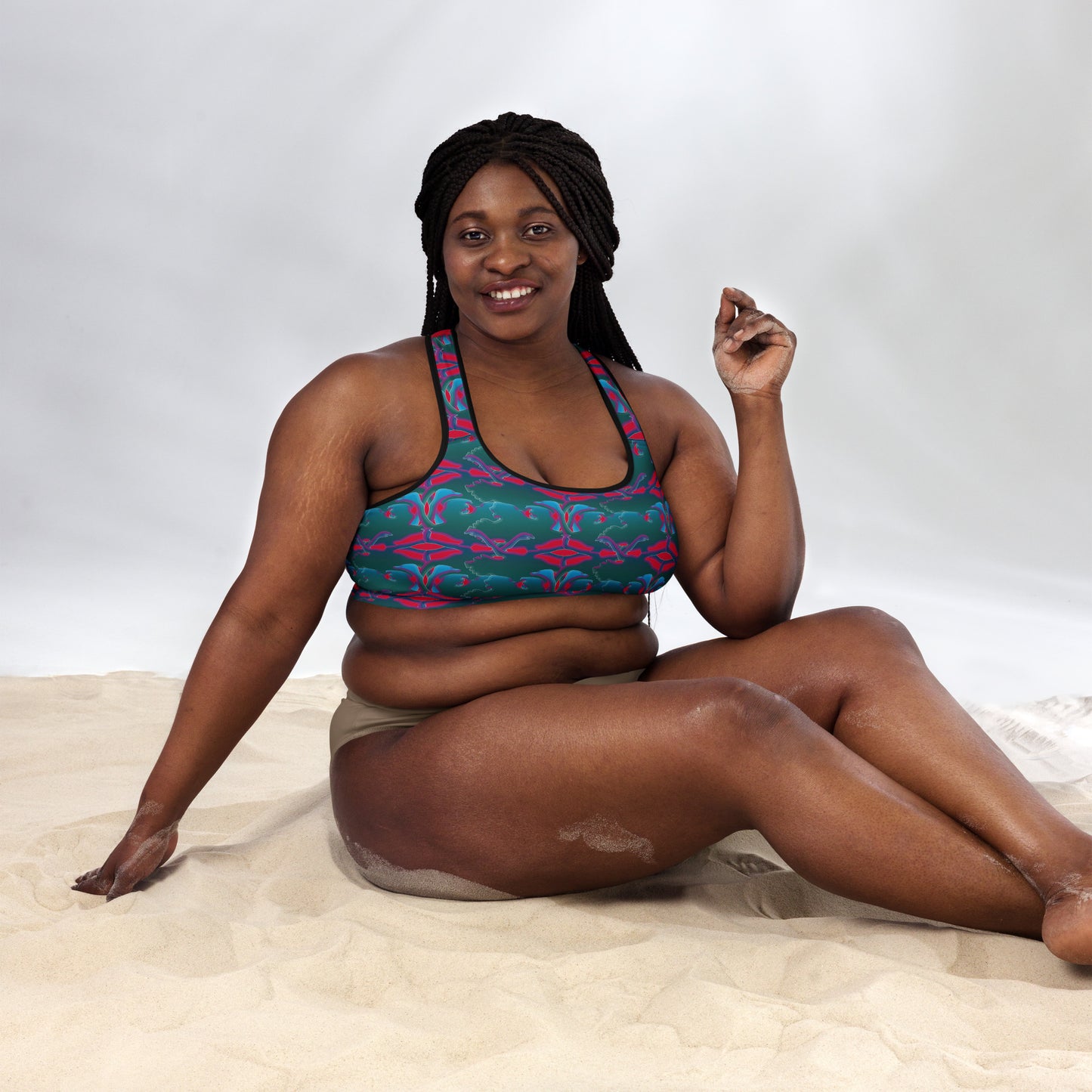 Red and Green Ostrich patterned sports bra, font plus size model view