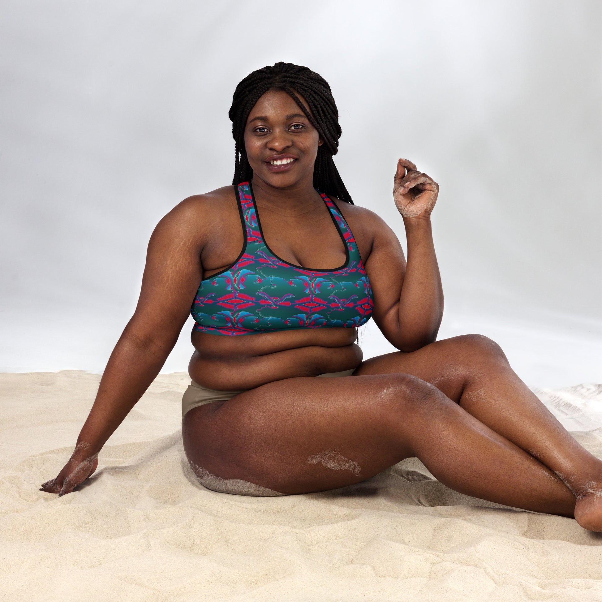Red and Green Ostrich patterned sports bra, font plus size model view