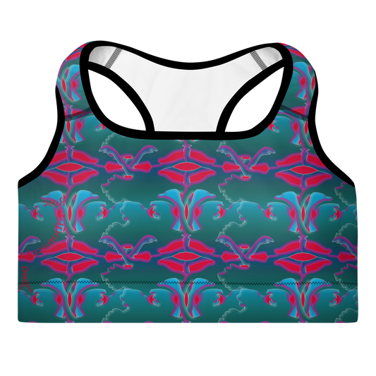 Red and Green Ostrich patterned sports bra, font view