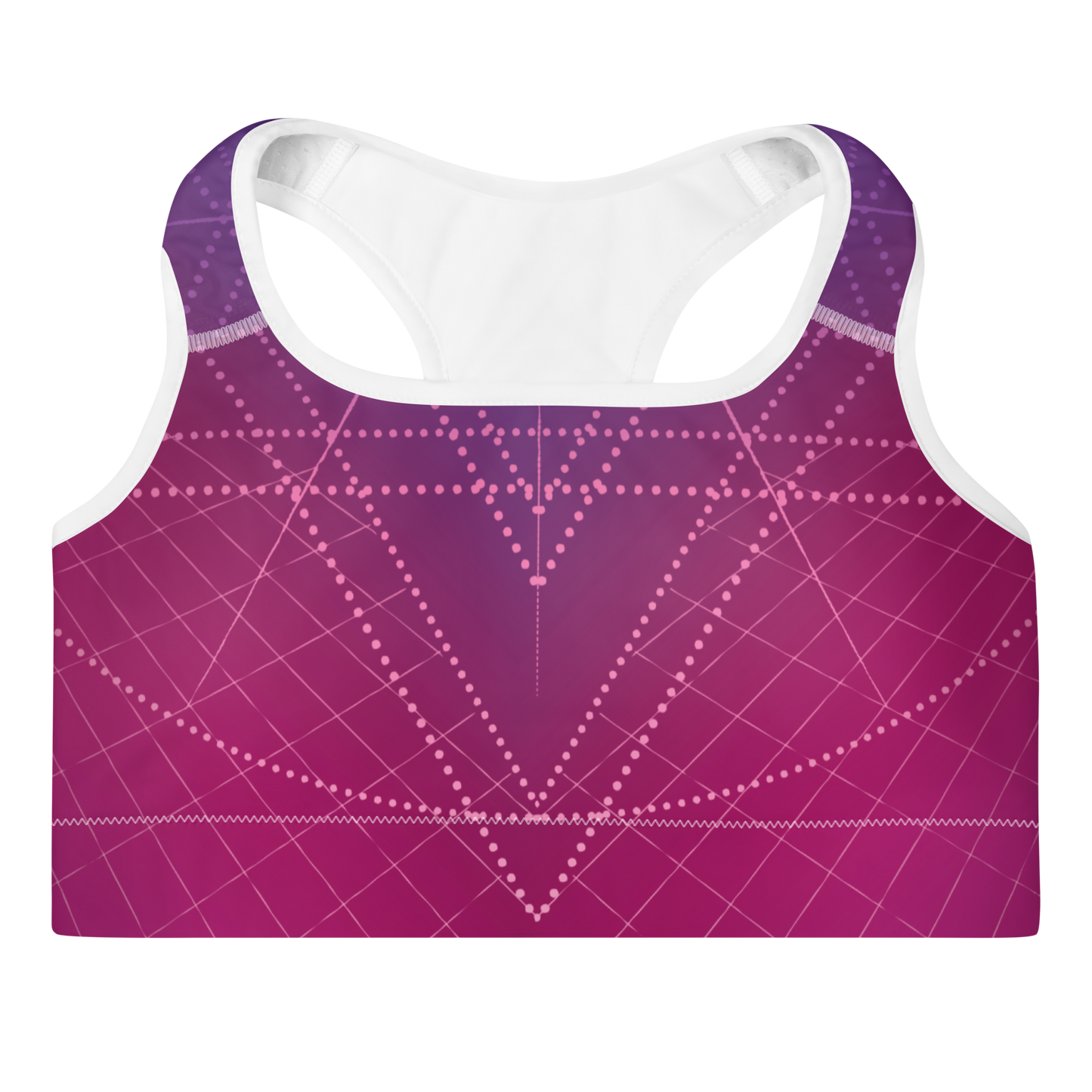 Purple / pink sports bra with dots and line geometric pattern front view