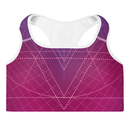 Purple / pink sports bra with dots and line geometric pattern front view