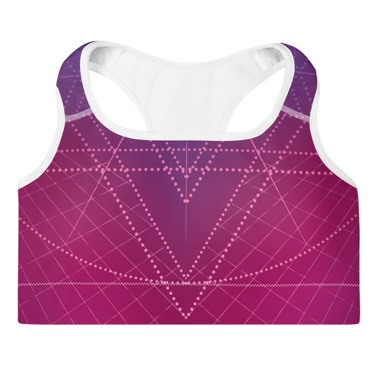 Purple / pink sports bra with dots and line geometric pattern front view