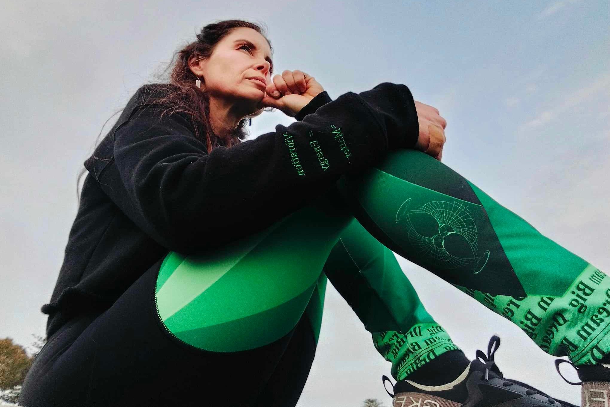 Designer donna-lee wearing Dream Big sports leggings and Vibration=Energy=Matter mindfulness crop