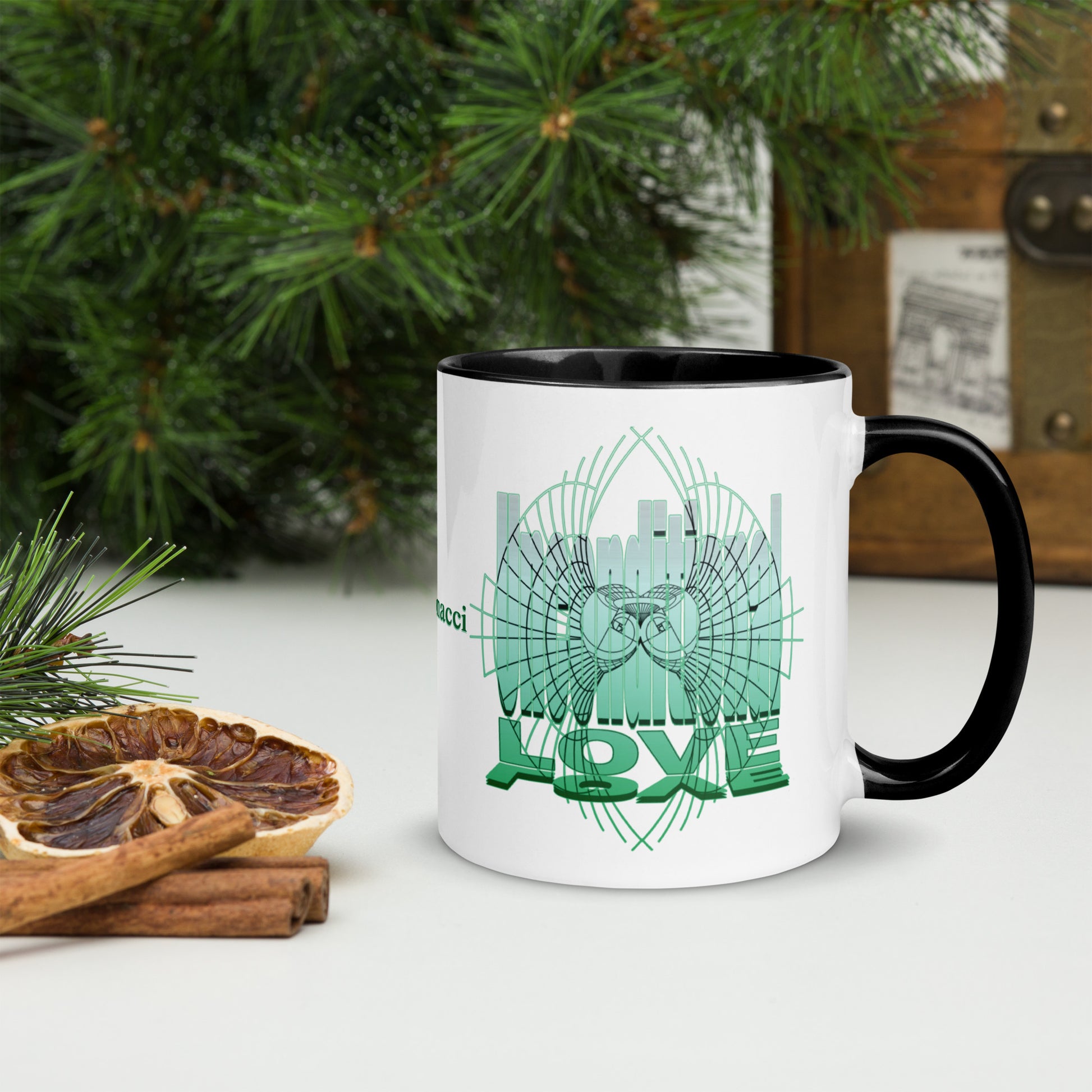 Unconditional Love 11oz ceramic mug with black handle and interior, featuring inspirational design on both sides and Rose Fibonacci text centered