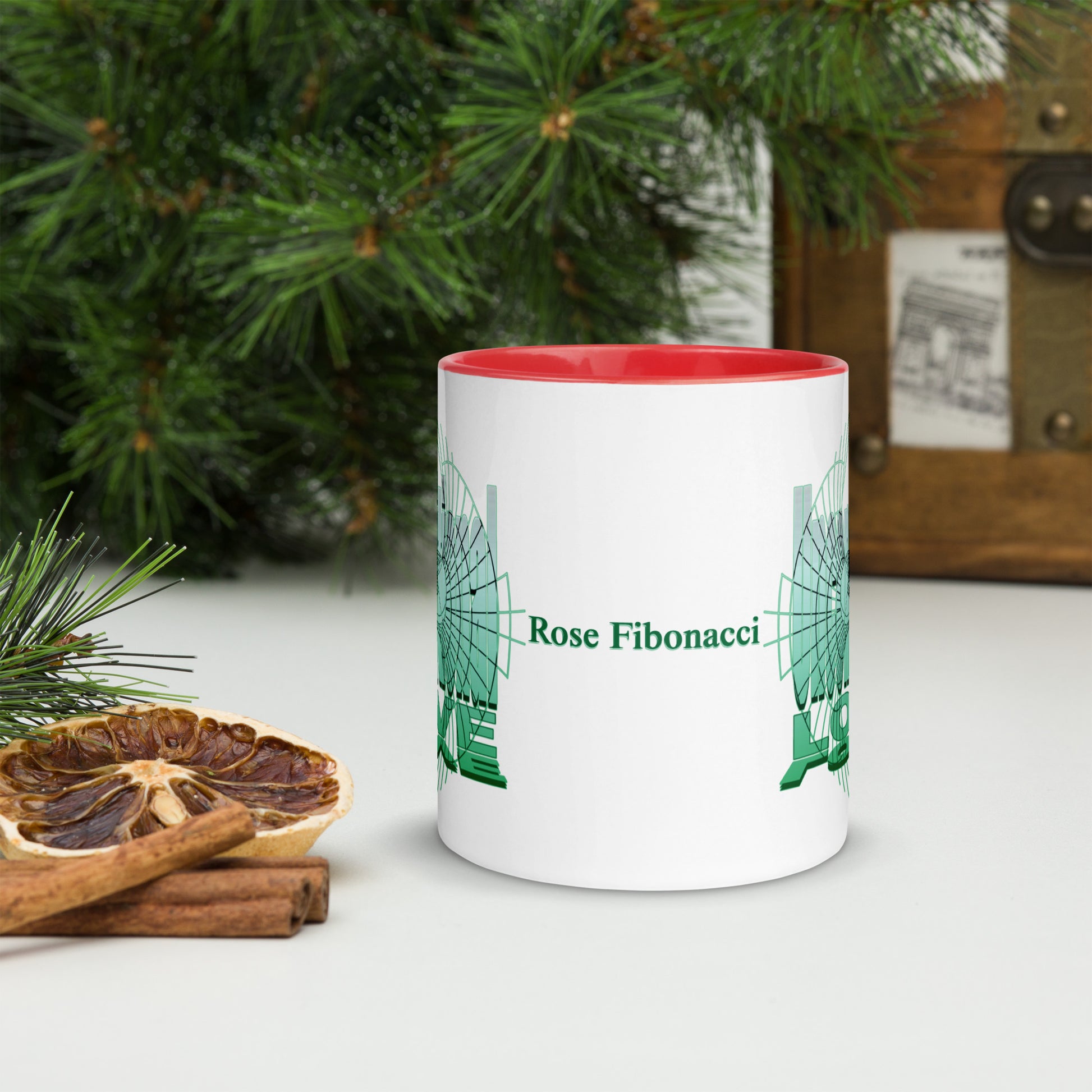 Unconditional Love 11oz ceramic mug with red handle and interior, featuring inspirational design on both sides and Rose Fibonacci text centered front