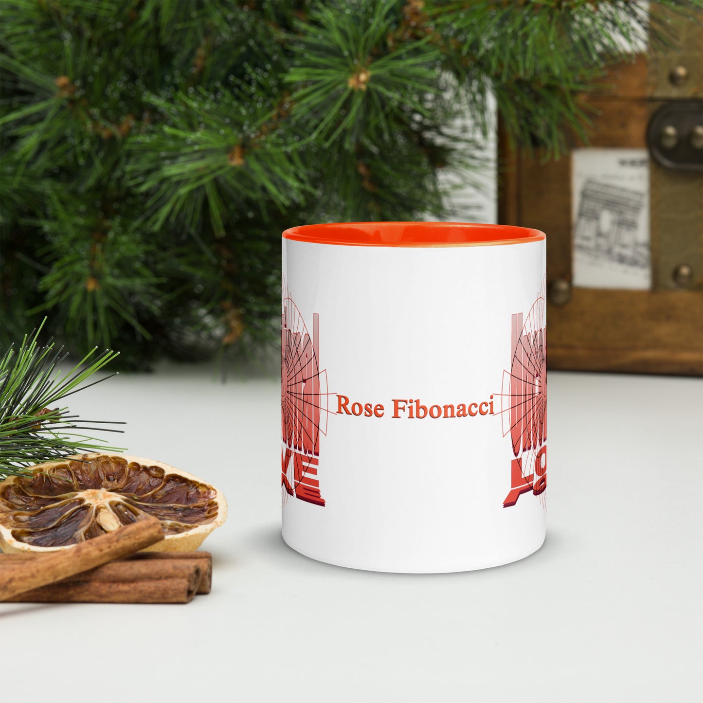 Orange Unconditional Love 11oz ceramic mug with orange handle and interior, featuring inspirational design on both sides and Rose Fibonacci text centered