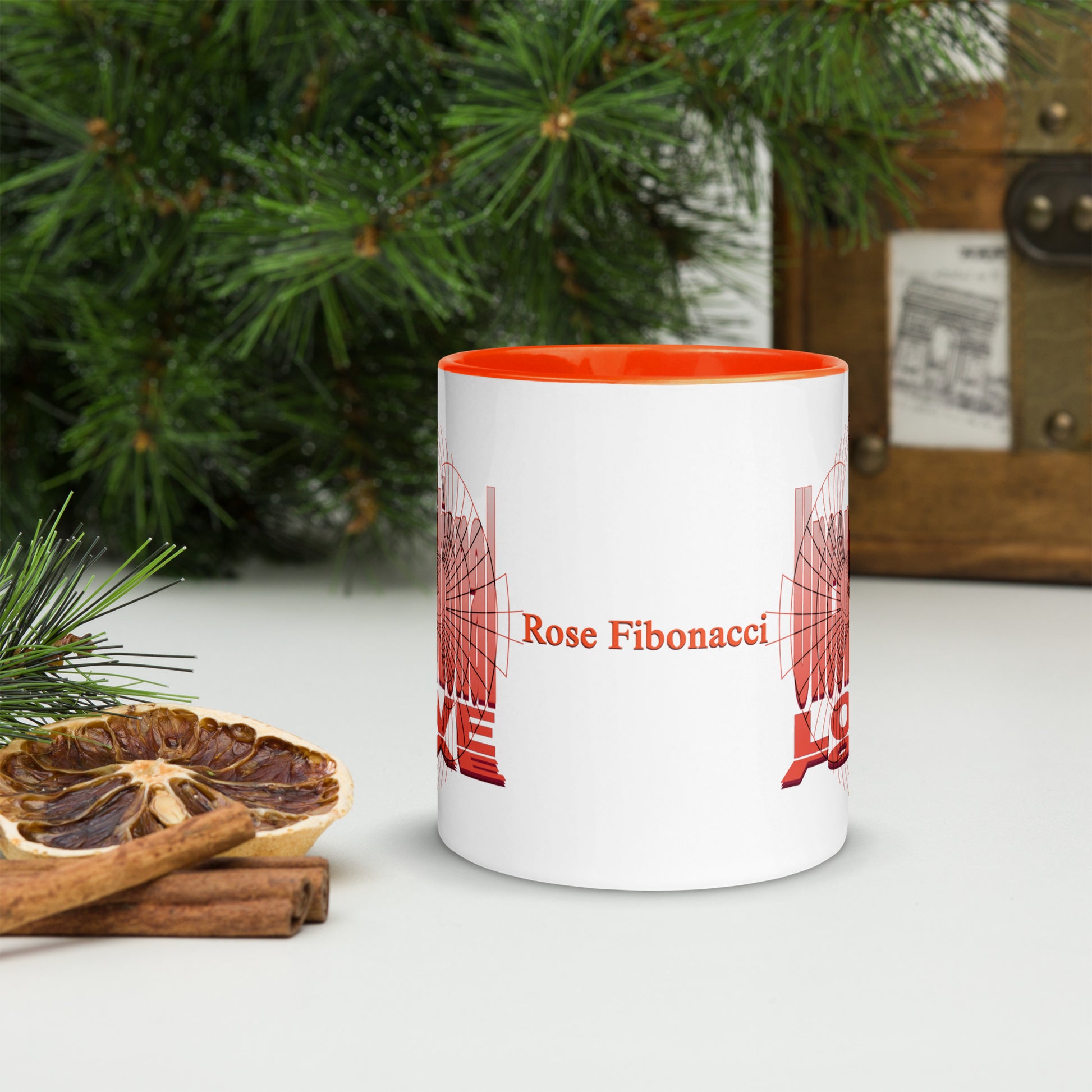 Orange Unconditional Love 11oz ceramic mug with orange handle and interior, featuring inspirational design on both sides and Rose Fibonacci text centered