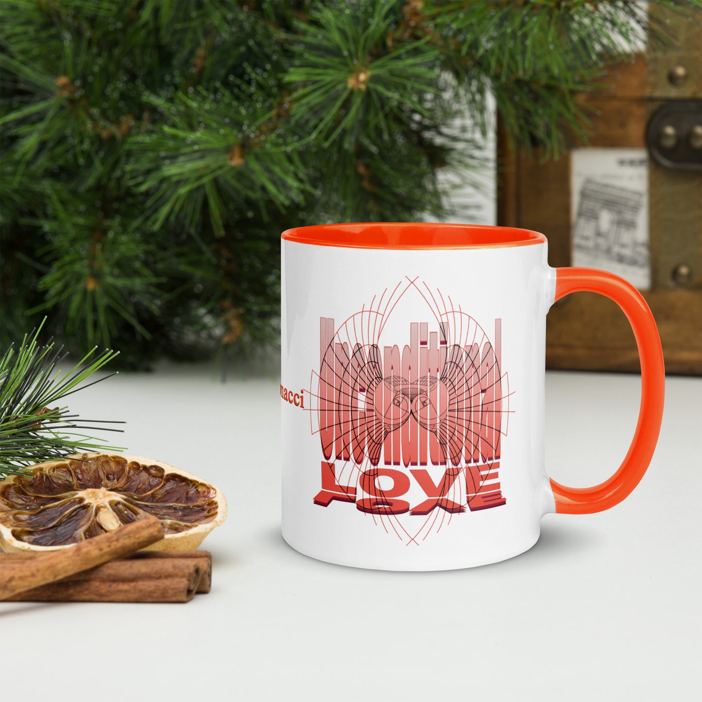 Orange Unconditional Love 11oz ceramic mug with orange handle and interior, featuring inspirational design on both sides and Rose Fibonacci text centered