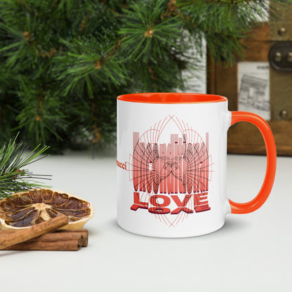 Orange Unconditional Love 11oz ceramic mug with orange handle and interior, featuring inspirational design on both sides and Rose Fibonacci text centered