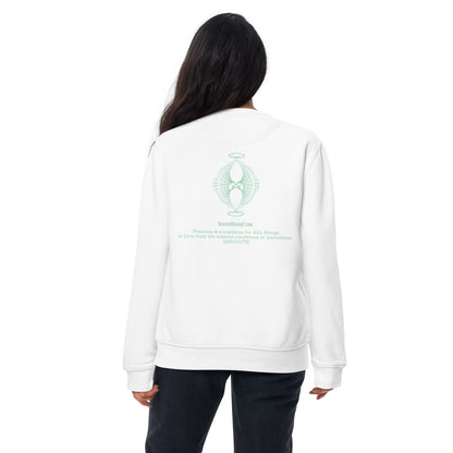 Back design of Unconditional Love Unisex white sweatshirt with the phrase 'Unconditional Love: Freedom & Acceptance for All Beings, to live their lives without conditions or limitations; ABSOLUTE to inspire mindfulness and compassion.