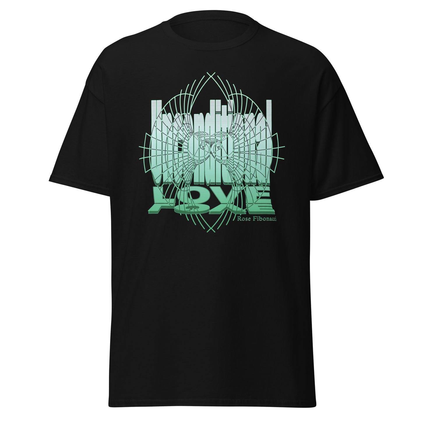 Black unisex t-shirt with Green ‘Unconditional Love’  message for spiritual and mindful souls