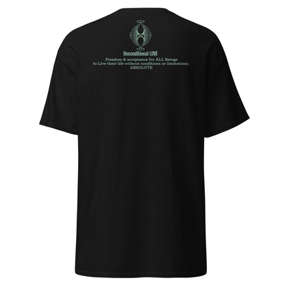 Back design of Green Unconditional Love t-shirt with the phrase 'Unconditional Love: Freedom & Acceptance for All Beings' to inspire mindfulness and compassion."