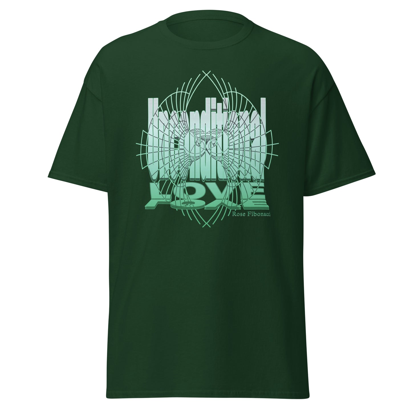 Forest Green unisex t-shirt with ‘Unconditional Love’ message in Green for spiritual and mindful souls