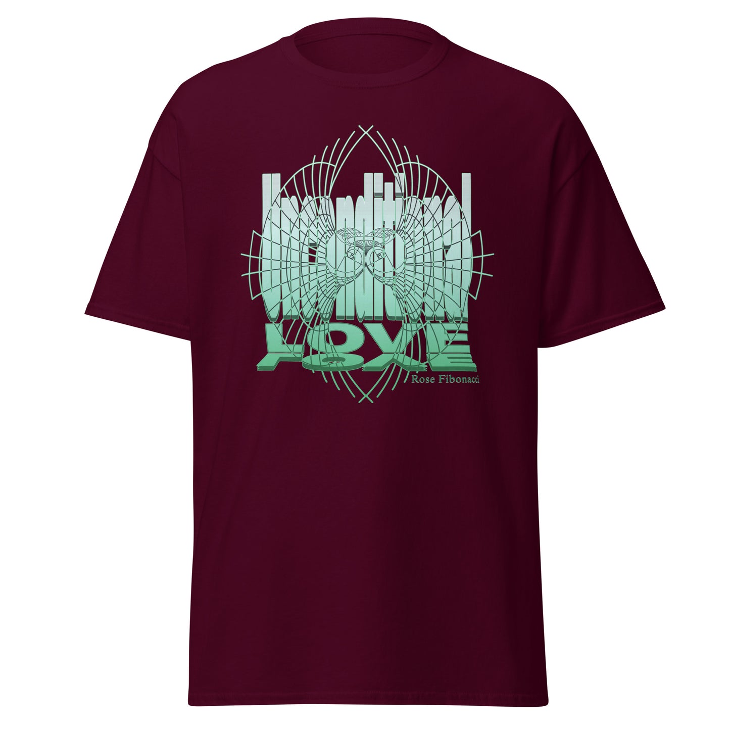 Maroon unisex t-shirt with ‘Unconditional Love’ message in green for spiritual and mindful souls
