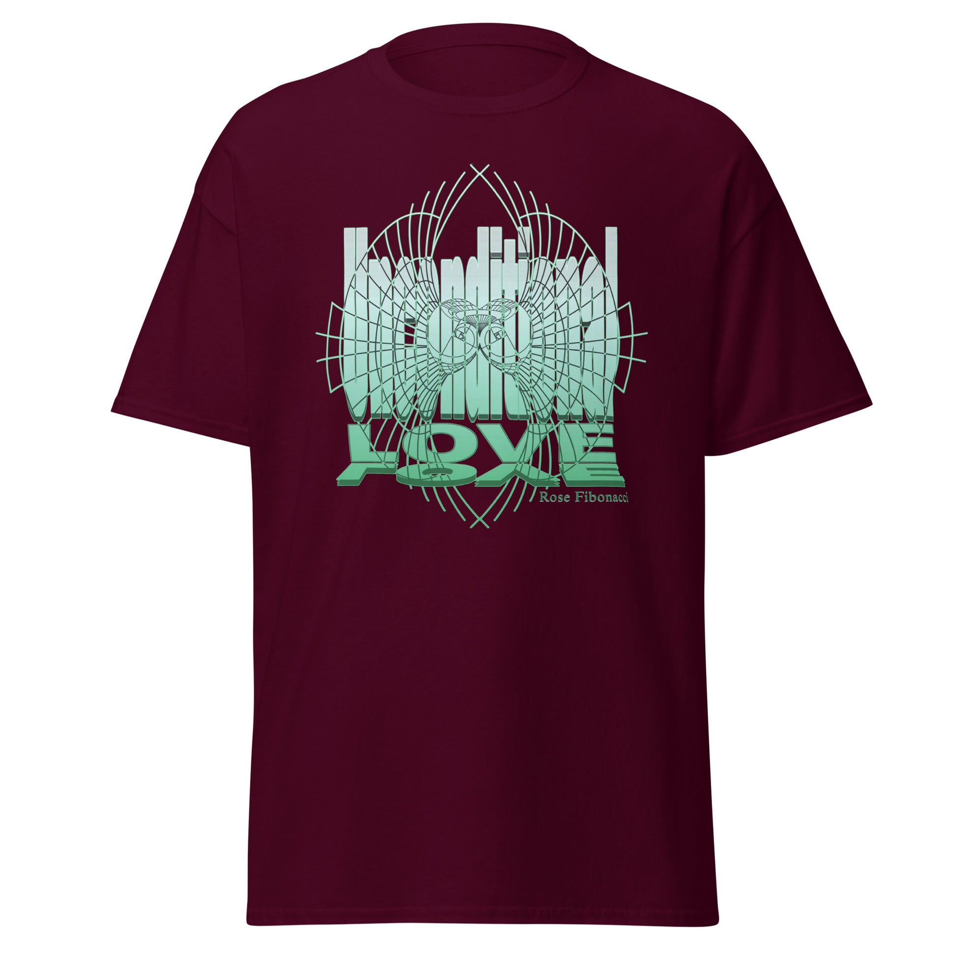 Maroon unisex t-shirt with ‘Unconditional Love’ message in green for spiritual and mindful souls