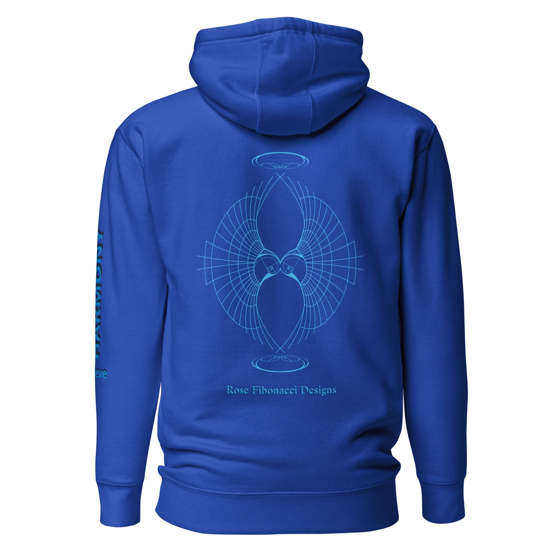 Blue unisex hoodie with geometric eye design on front and Rose Fibonacci Designs logo on the back