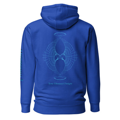 Blue unisex hoodie with geometric eye design on front and Rose Fibonacci Designs logo on the back