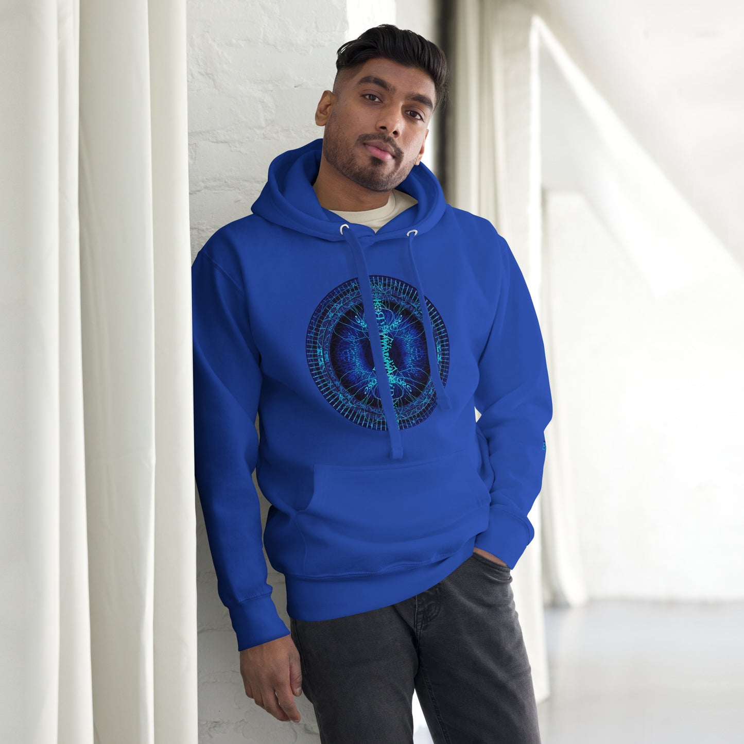 Blue unisex hoodie with geometric eye design on front