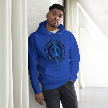 Blue unisex hoodie with geometric eye design on front