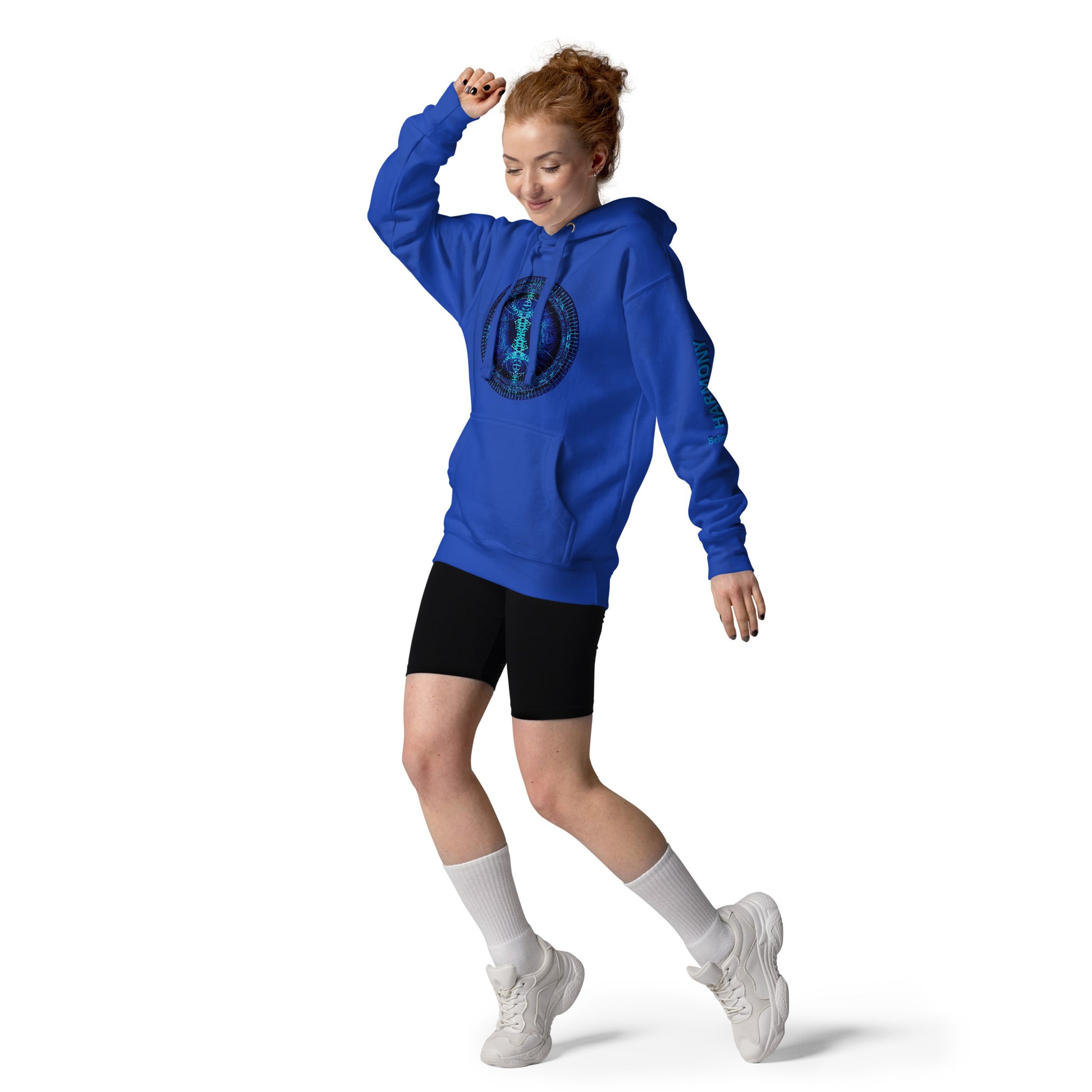 Blue unisex hoodie with geometric eye design on front and Rose Fibonacci Designs logo on the back front female model view