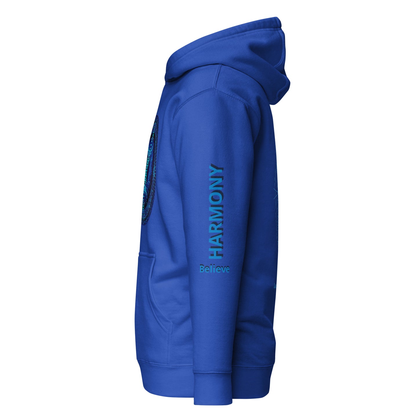 Blue unisex hoodie with geometric eye design on front, side view with words "Harmony, Believe"
