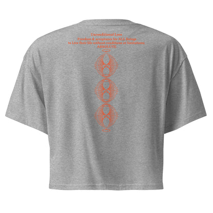 Back view of the Unconditional Love design in orange on Athletic Heather color crop top showing the phrase 'Unconditional Love: Freedom & Acceptance for All Beings, to live their life without conditions or limitations; ABSOLUTE' along with three of the Rose Fibonacci Designs logo stacked vertically