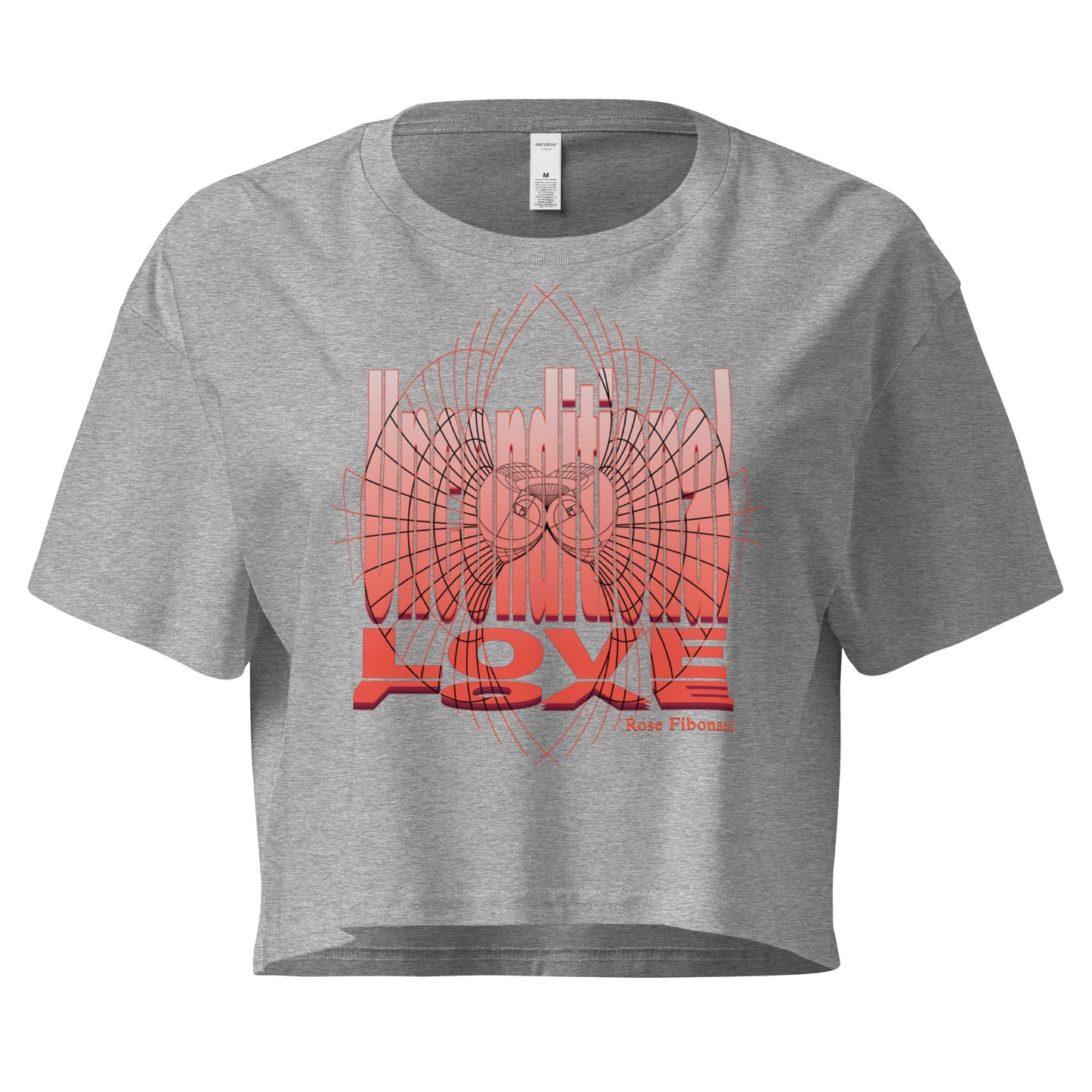 Unconditional Love design in orange on Athletic Heather color crop top featuring geometric heart design with a mindful message