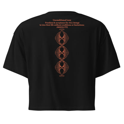 Back view of the Unconditional Love design in orange on black crop top showing the phrase 'Unconditional Love: Freedom & Acceptance for All Beings, to live their life without conditions or limitations; ABSOLUTE' along with three of the Rose Fibonacci Designs logo stacked vertically