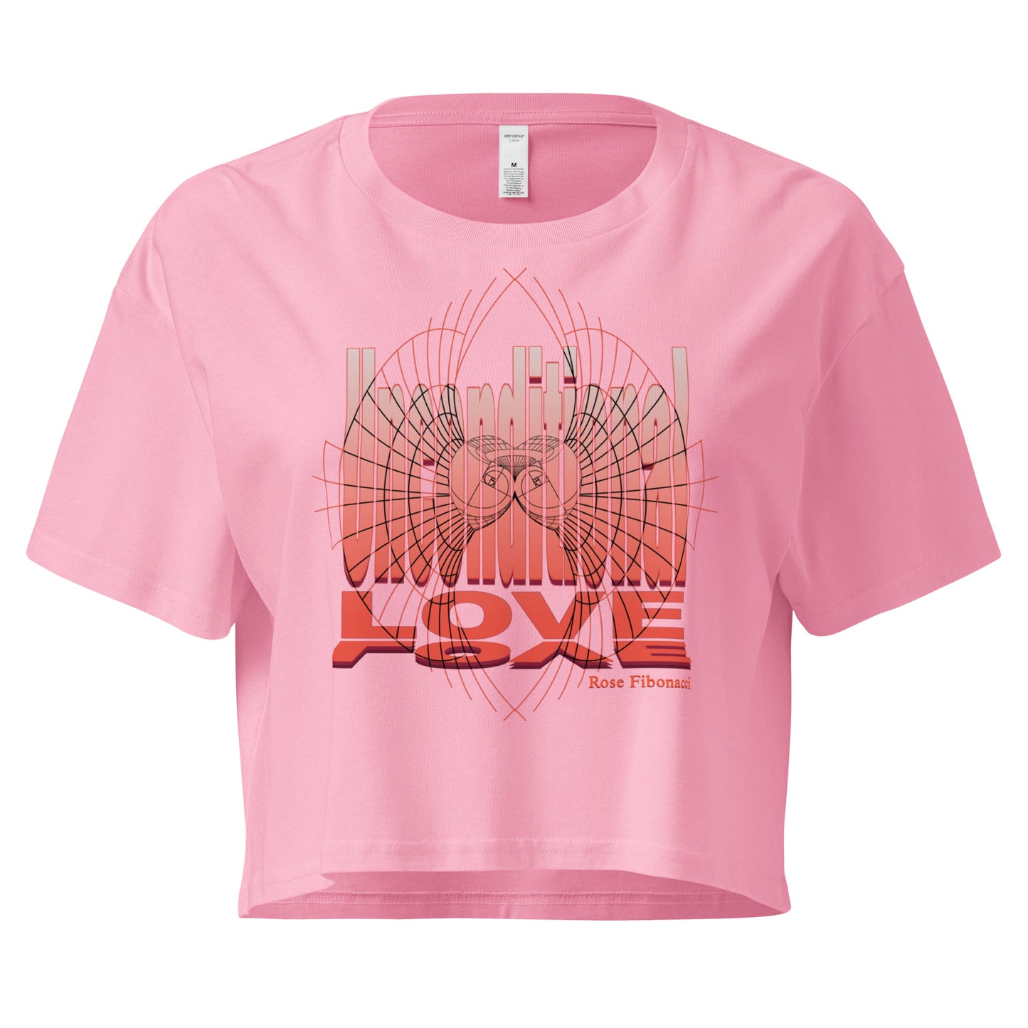 Unconditional Love design in orange on pink bubblegum color crop top featuring geometric heart design with a mindful message