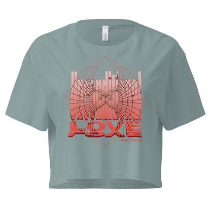 Unconditional Love design in orange on mineral color crop top featuring minimalist design with a mindful message