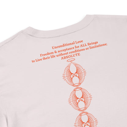 Close up back view of the Unconditional Love design in orange on Orchid color crop top showing the phrase 'Unconditional Love: Freedom & Acceptance for All Beings, to live their life without conditions or limitations; ABSOLUTE' along with three of the Rose Fibonacci Designs logo stacked vertically
